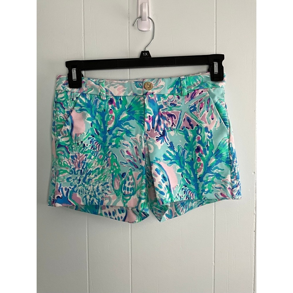 Lilly Pulitzer Callahan Shorts Blue Green Pink Coral Reef Print Womens Size 0